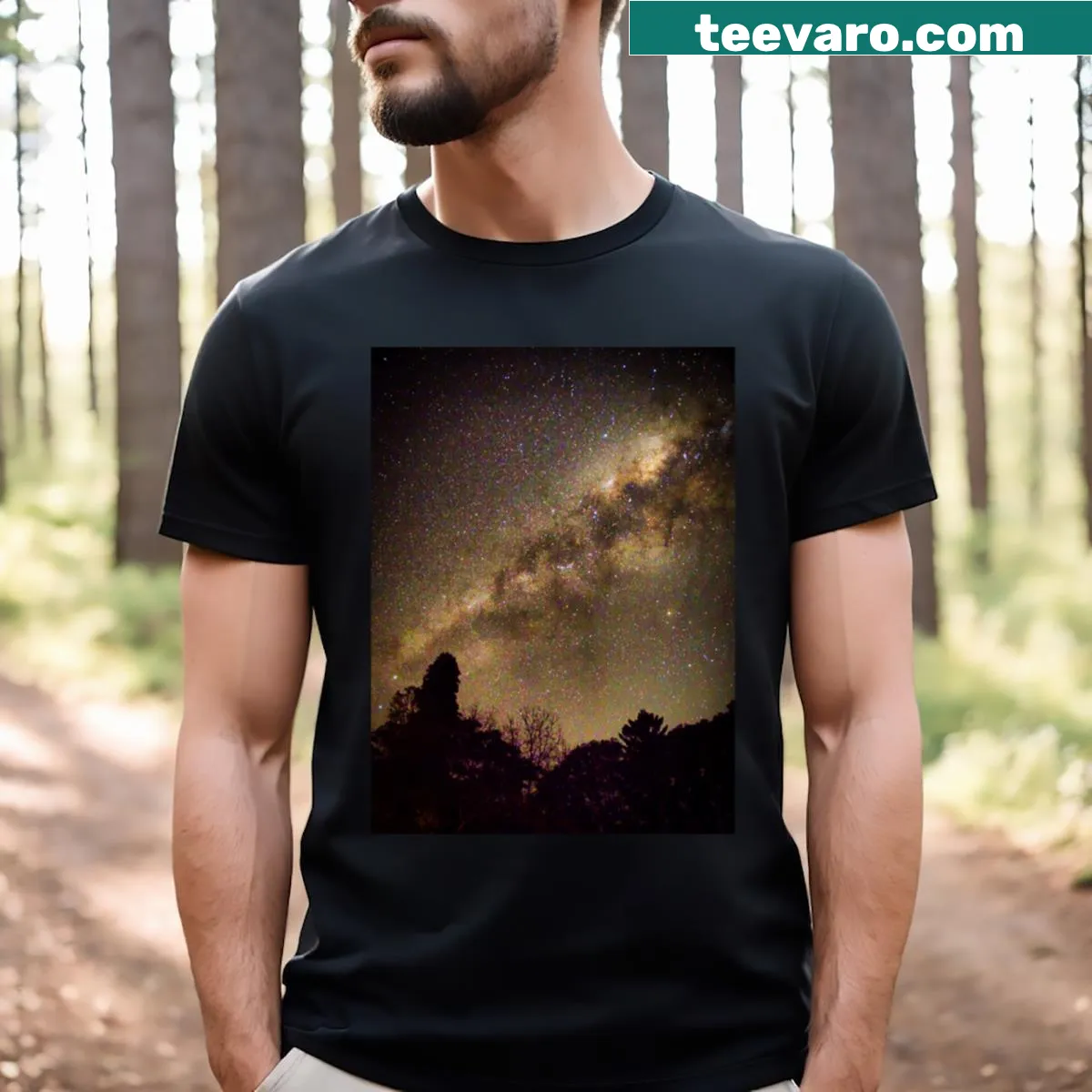 Illustration of the Milky Way night sky on a t-shirt — on a men's t-shirt
