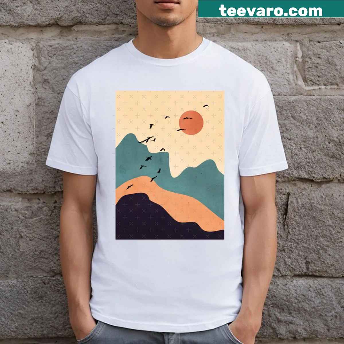 Minimal abstract line-art landscape t-shirt — on a men's t-shirt