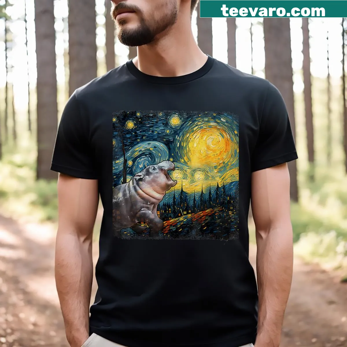 Moo Deng meme and Van Gogh Starry Night graphic on a t-shirt — on a men's t-shirt