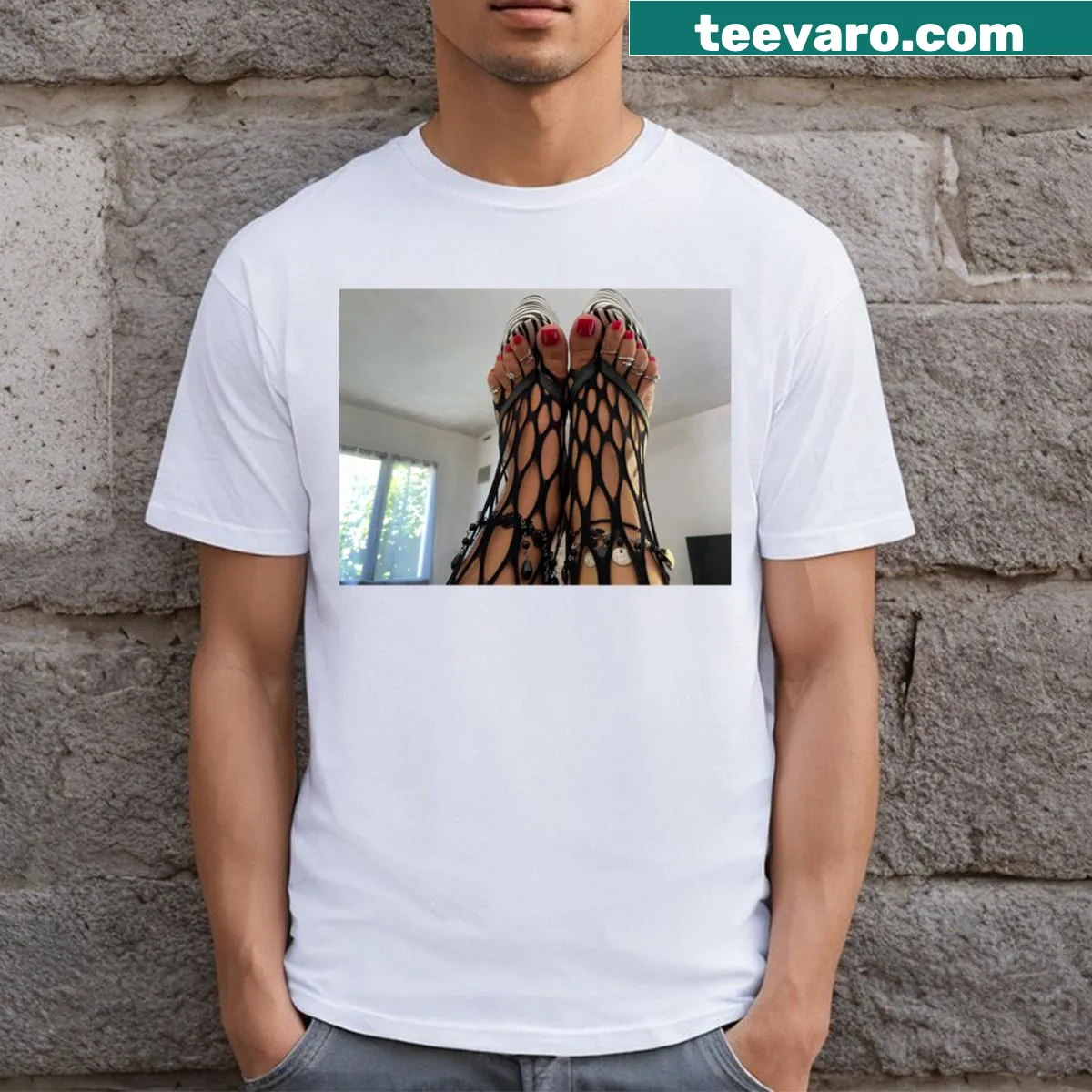 Playful graphic of feet in fishnet and platform flip-flops on a t-shirt — on a men's t-shirt