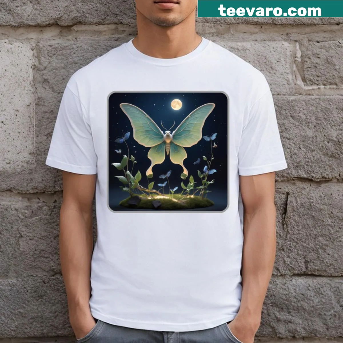 Illustration of butterflies and musical notes on a nature-themed tee — on a men's t-shirt