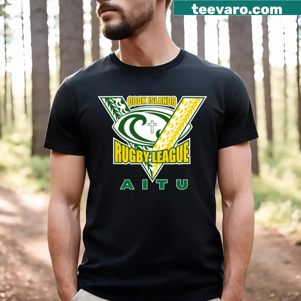 Bold typography shirt celebrating Cook Islands rugby Aitu spirit. — on a men's t-shirt