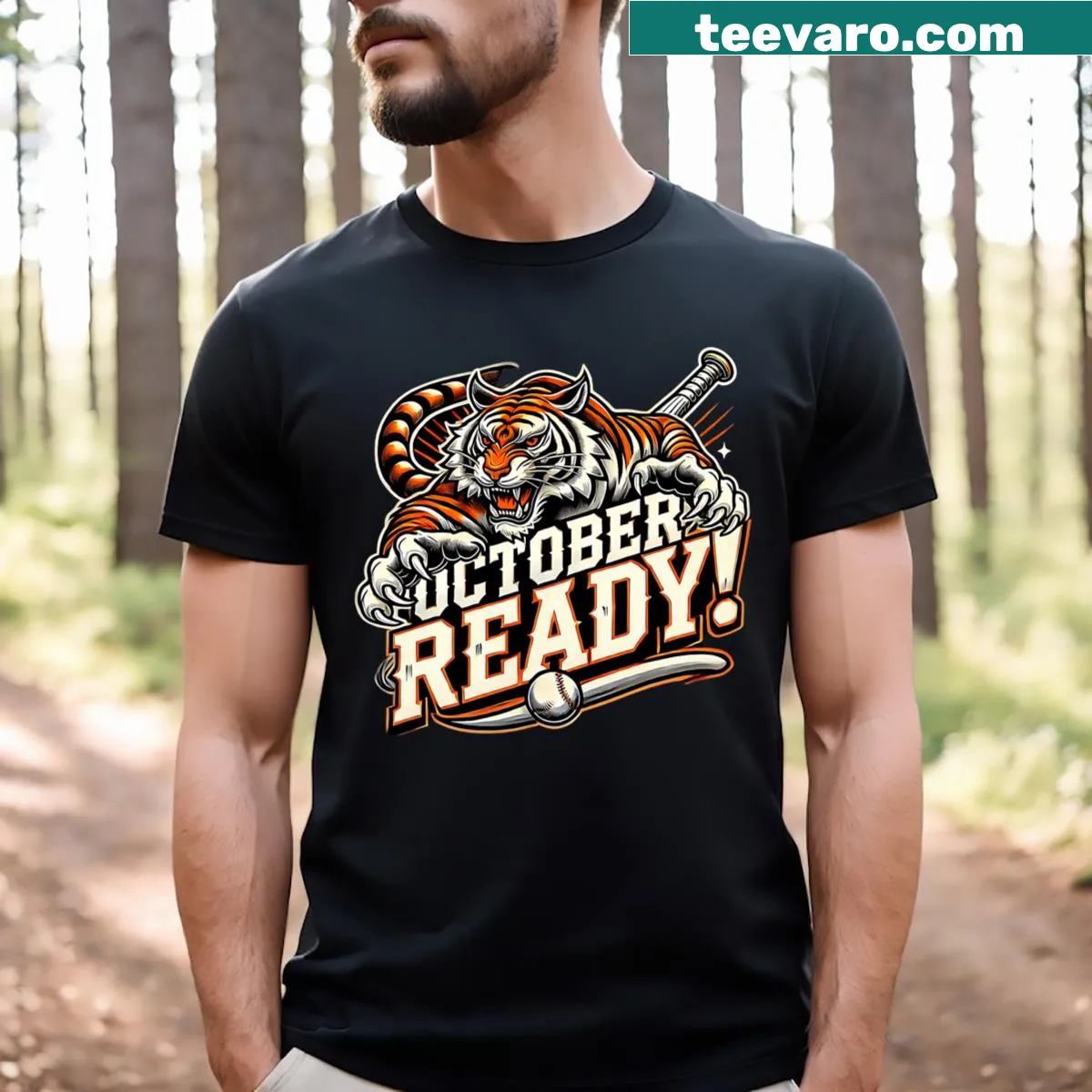 Illustration of a tiger on a baseball-themed fan tee — on a men's t-shirt