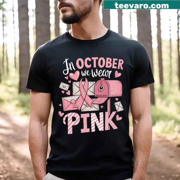 Illustration of a postal worker promoting breast cancer awareness on T-shirt