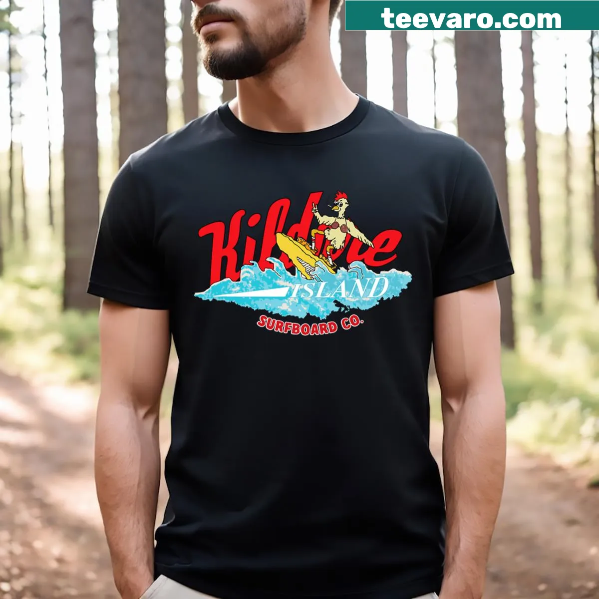 Charming graphic of a chicken on a surfboard on a t-shirt. — on a men's t-shirt