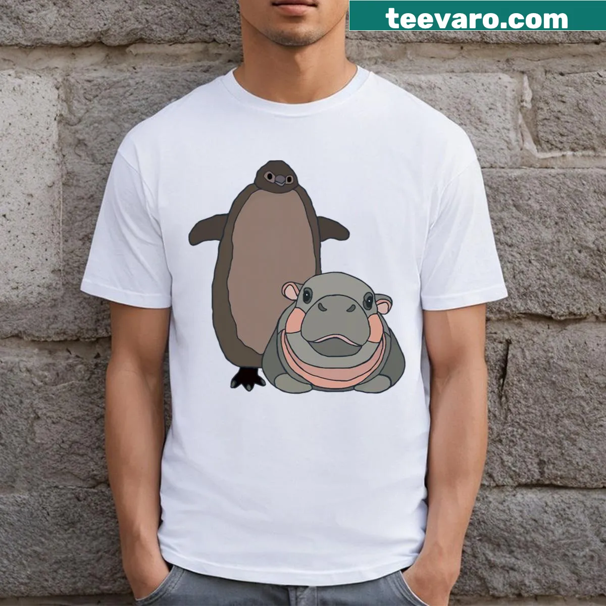 Funny graphic T-shirt featuring Pesto the Penguin and Moo Deng the Baby Hippo — on a men's t-shirt