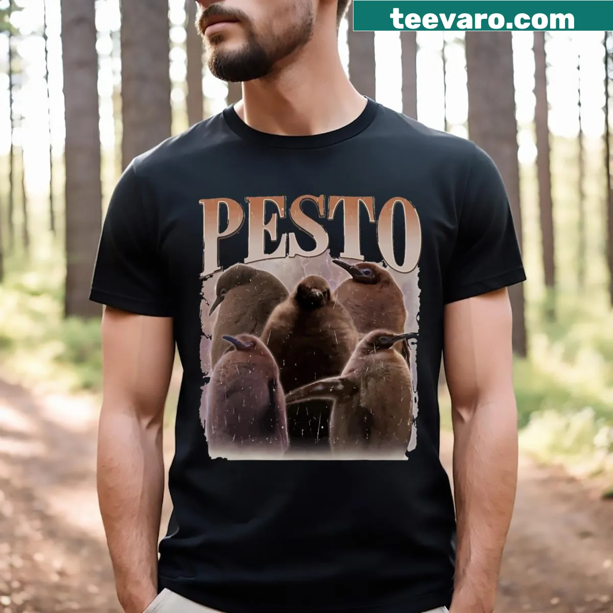 Funny baby penguin graphic T-shirt featuring Pesto the Penguin — on a men's t-shirt