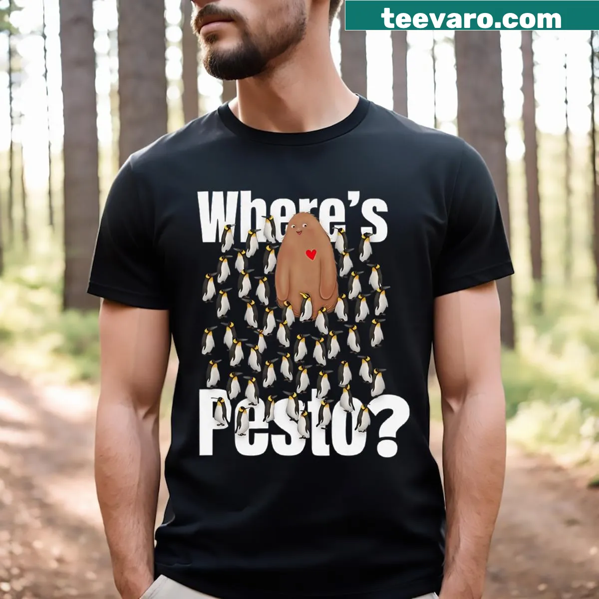 Cute graphic T-shirt featuring Pesto the Penguin — on a men's t-shirt