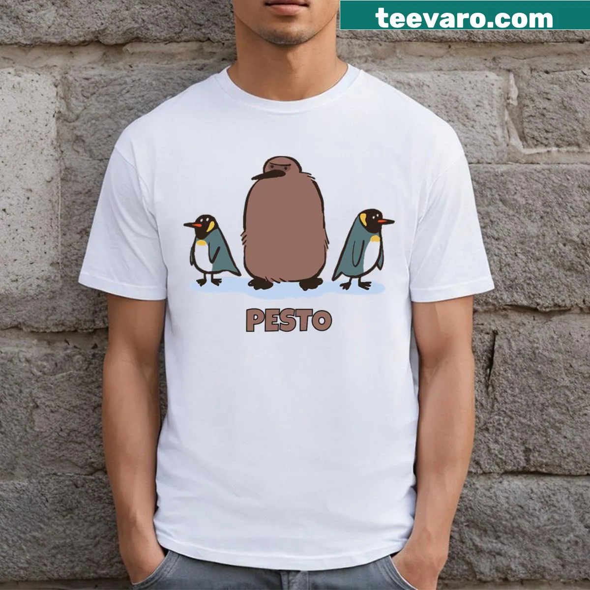 Cute baby penguin graphic T-shirt featuring Pesto — on a men's t-shirt