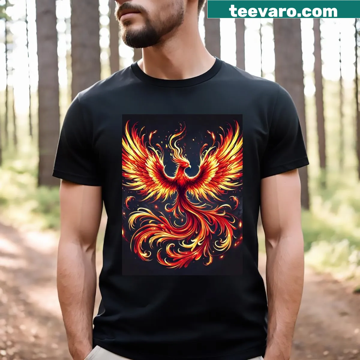 Graphic T-shirt featuring a phoenix rising from flames — on a men's t-shirt