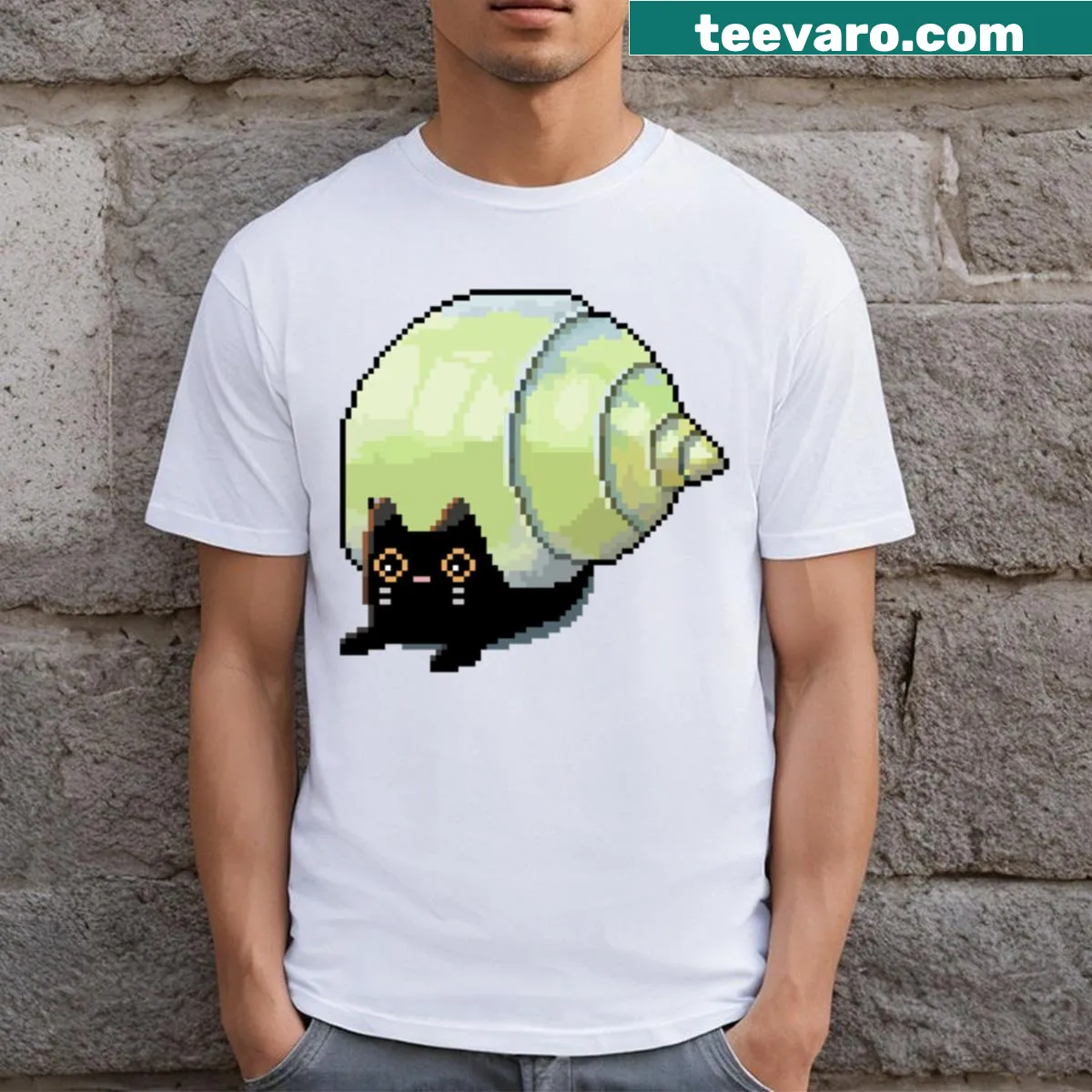Playful graphic of a pixelated cat snail design on a t-shirt. — on a men's t-shirt