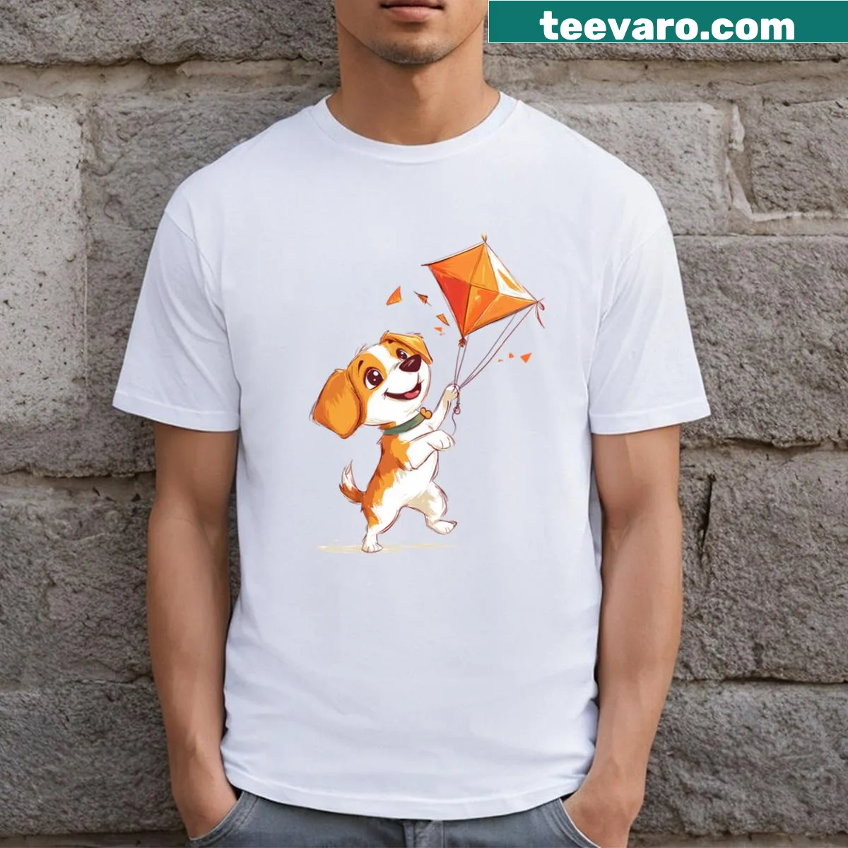 Graphic T-shirt featuring a dog flying a kite — on a men's t-shirt