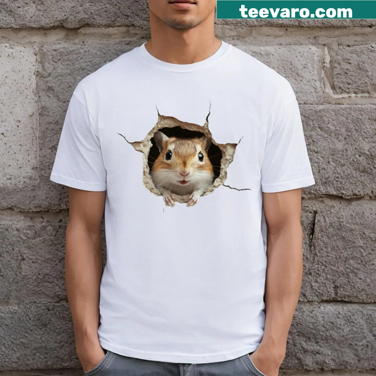 Illustration of a playful gerbil peeking out on a T-shirt — on a men's t-shirt