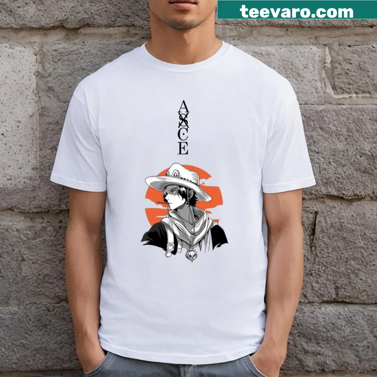 Illustrated Portgas D Ace graphic on T-shirt — on a men's t-shirt