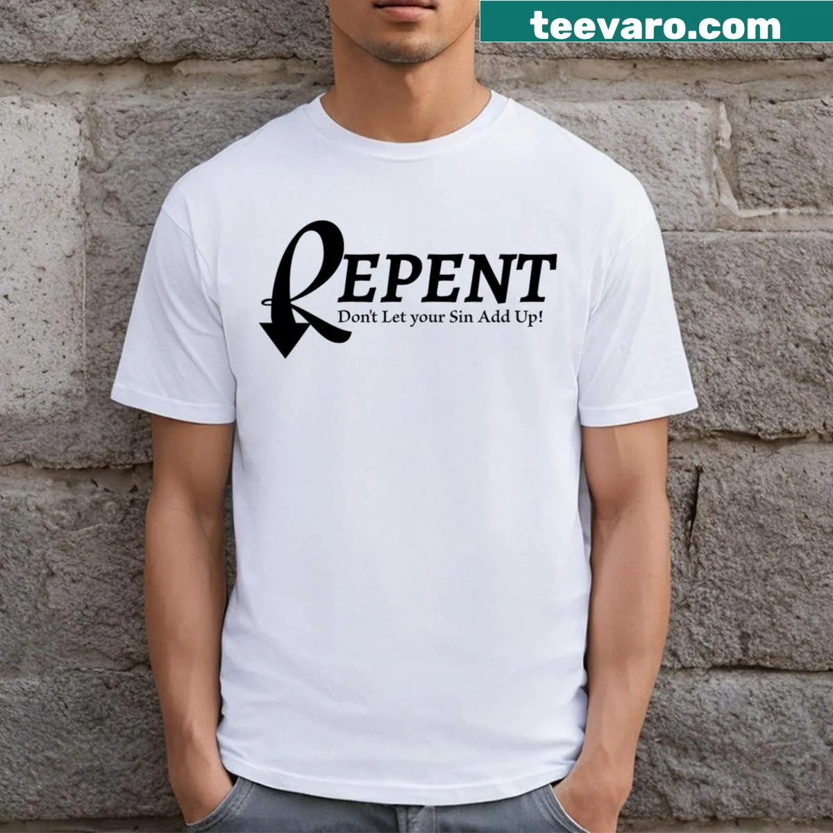 T-shirt with the word Repent prominently displayed — on a men's t-shirt