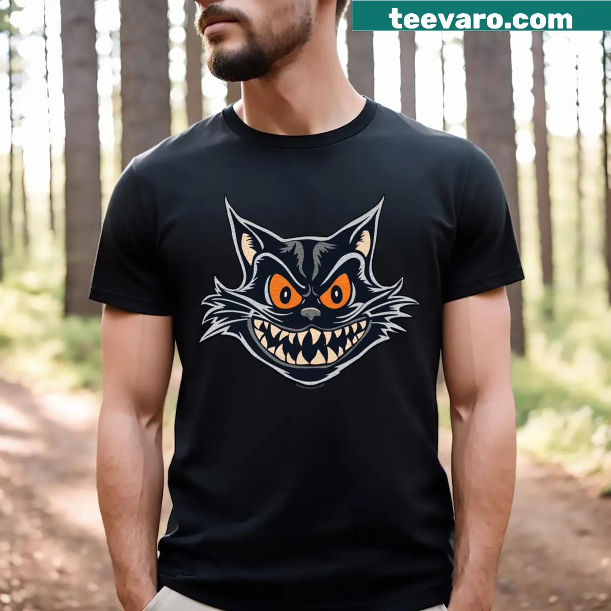 Vintage black cat Halloween graphic on a t-shirt, pop art style. — on a men's t-shirt