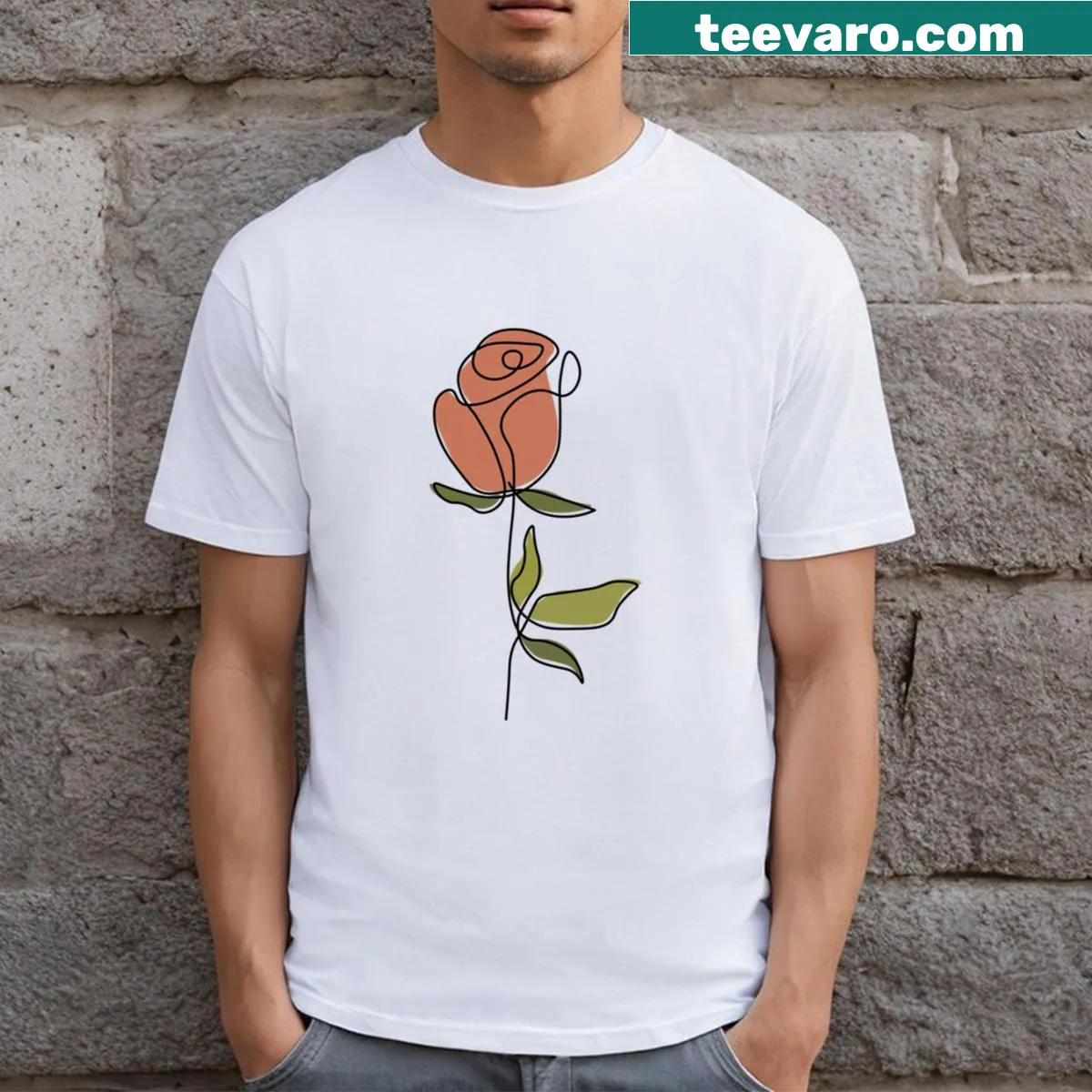 Minimalist single line art of a rose on t-shirt — on a men's t-shirt