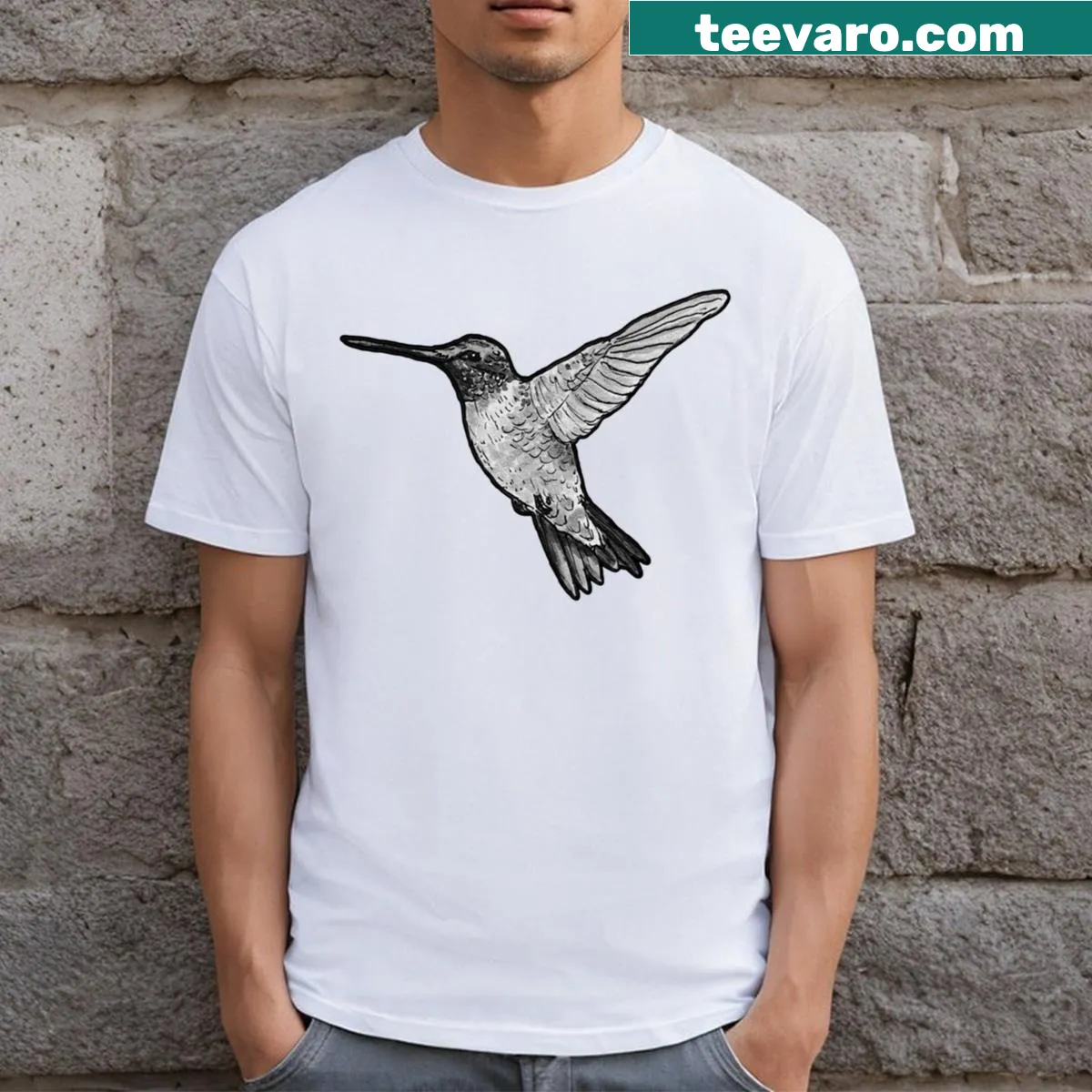 Illustration of a Ruby Throated Hummingbird on a t-shirt — on a men's t-shirt