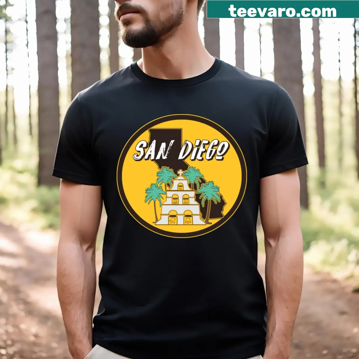Emblematic design of the San Diego Mission on a t-shirt. — on a men's t-shirt
