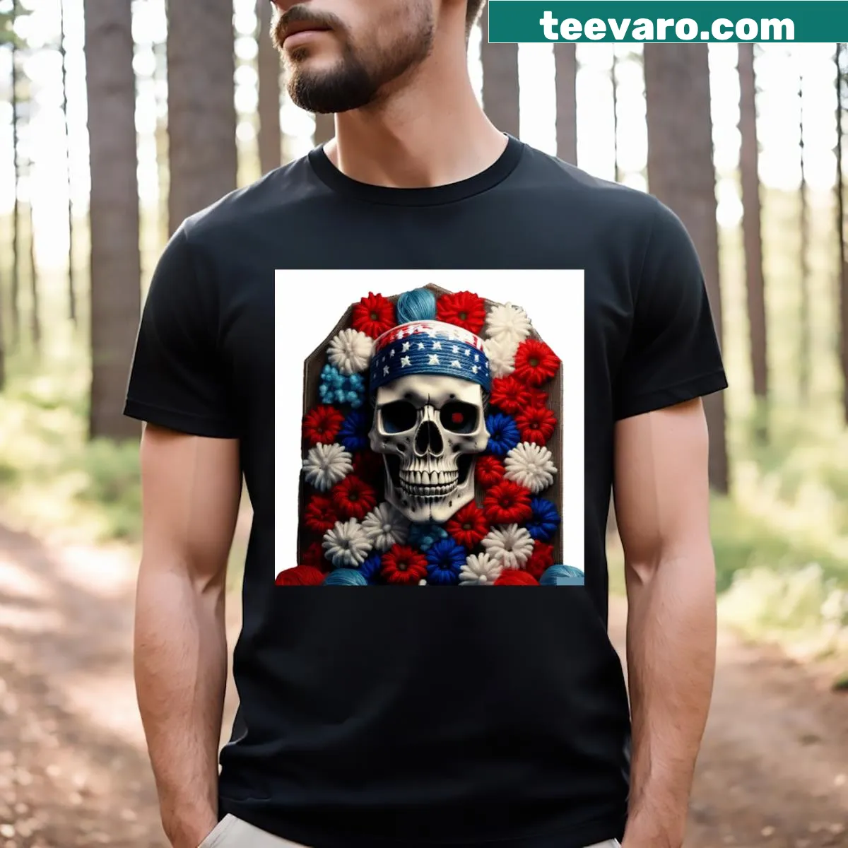 Skull wearing a US flag bandana on a t-shirt — on a men's t-shirt