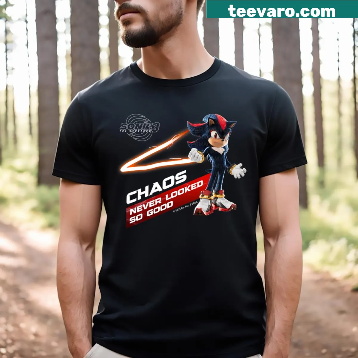 Shadow from Sonic the Hedgehog 3 on T-shirt, representing edgy gaming — on a men's t-shirt