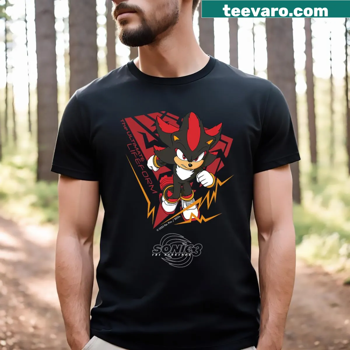 Shadow, the Ultimate Lifeform from Sonic the Hedgehog 3, on T-shirt — on a men's t-shirt