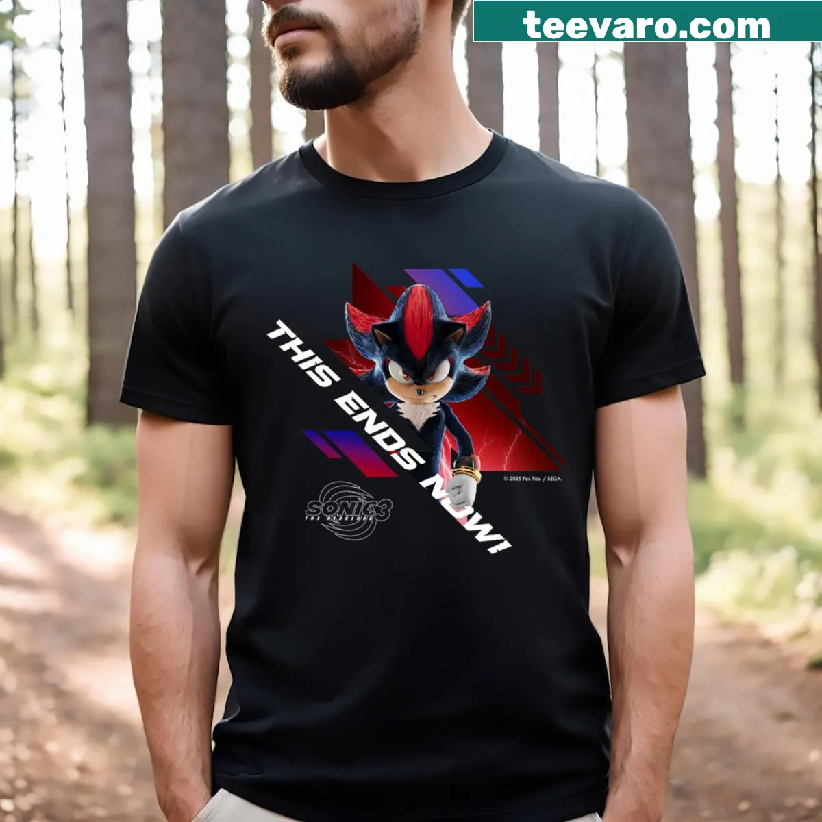 Shadow from Sonic the Hedgehog 3 with a defiant message on T-shirt — on a men's t-shirt