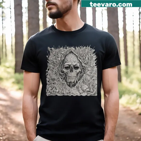Intricate skull drawing on a t-shirt for spooky occasions