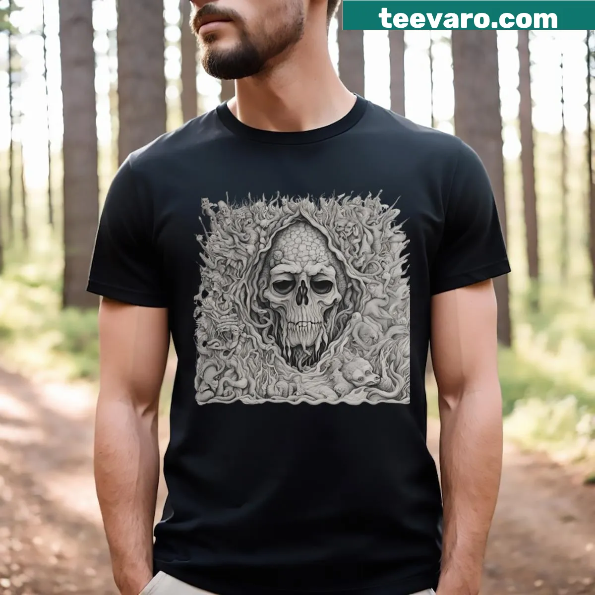 Intricate skull drawing on a t-shirt for spooky occasions — on a men's t-shirt