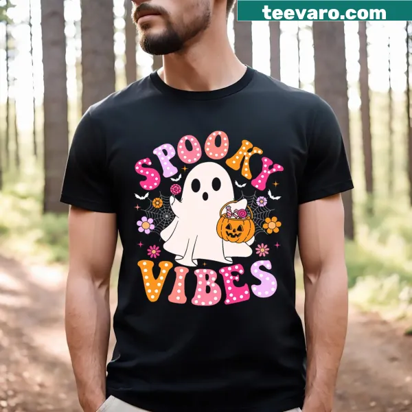 Retro cartoon ghost illustration on a kids' Halloween t-shirt