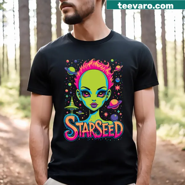 Illustrative t-shirt depicting whimsical cosmic and starseed elements