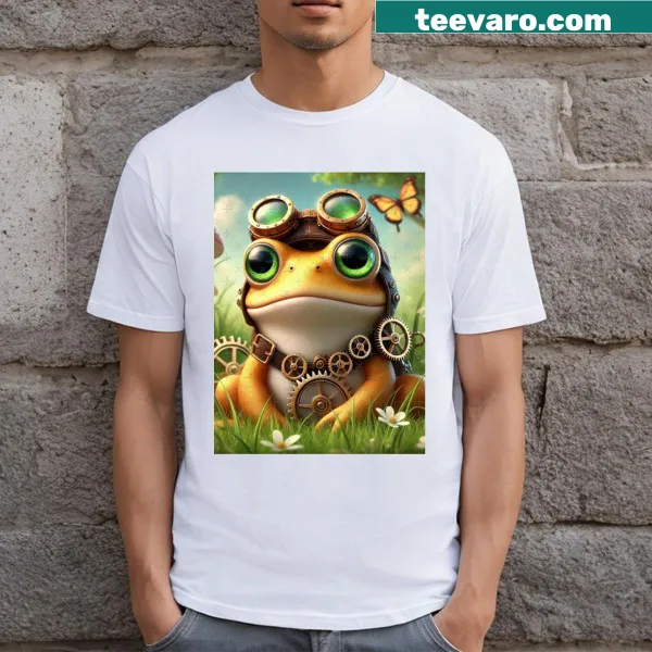 Vintage-style t-shirt featuring a whimsical steampunk common toad design
