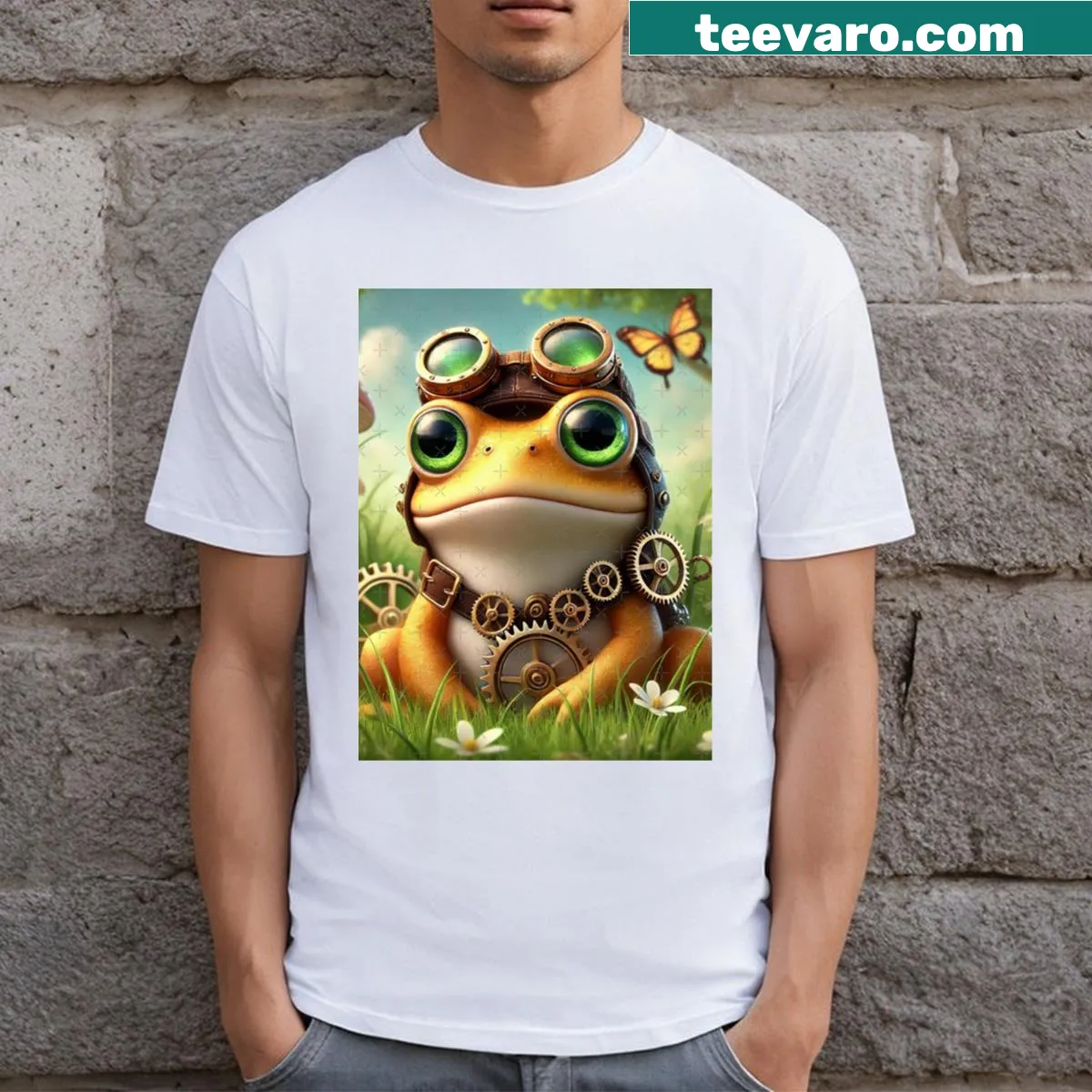 Vintage-style t-shirt featuring a whimsical steampunk common toad design — on a men's t-shirt