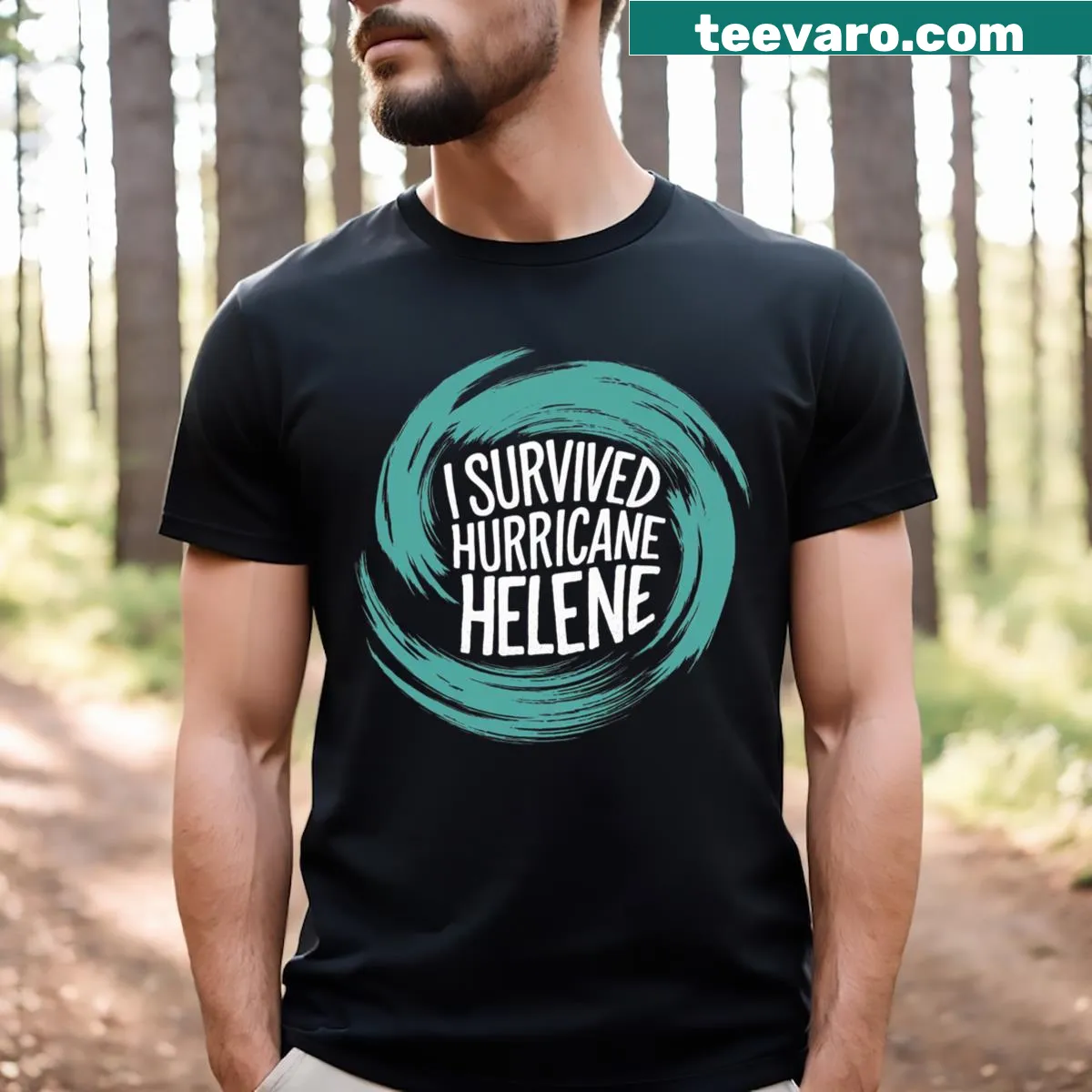 Graphic T-shirt stating 'Survived Hurricane Helene' with storm imagery — on a men's t-shirt