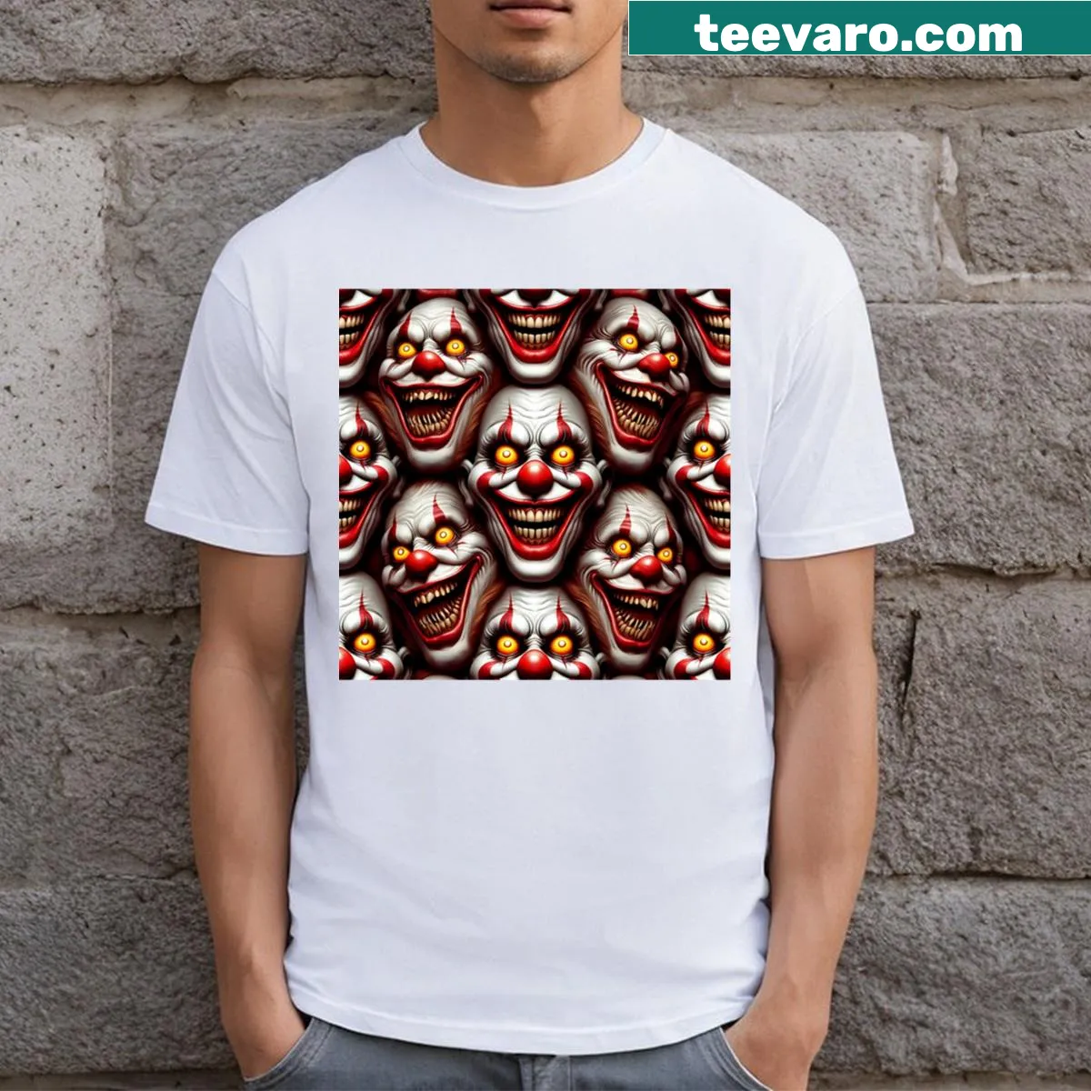 T-shirt featuring various terrifying clown faces in an unsettling design — on a men's t-shirt