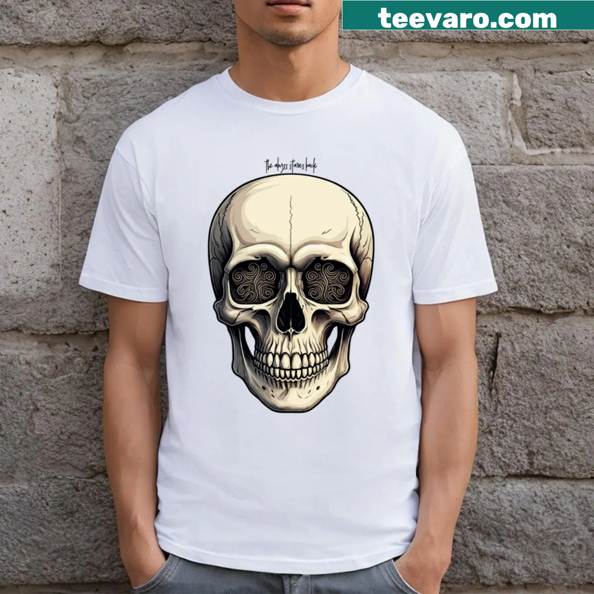 T-shirt with the phrase 'The Abyss Stares Back' in bold typography — on a men's t-shirt