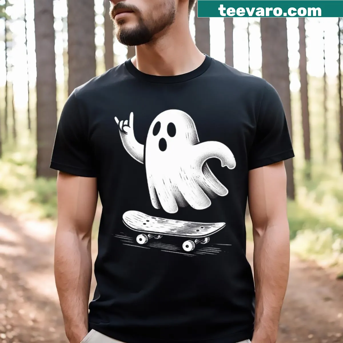 Funny T-shirt with a cartoon ghost skateboarding for Halloween — on a men's t-shirt