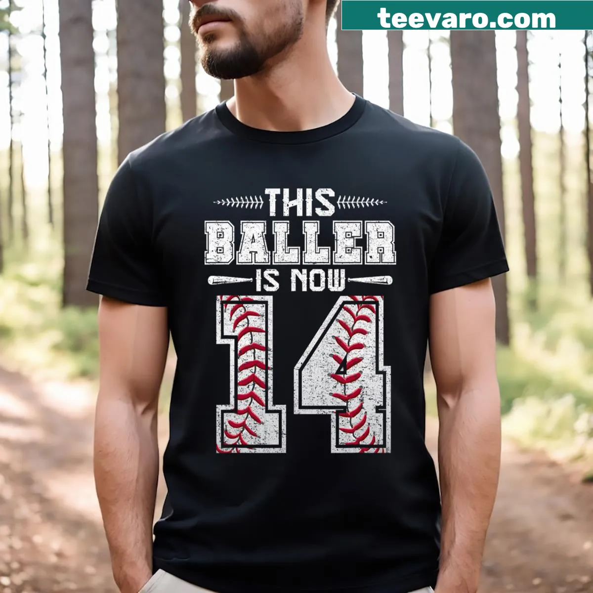 Baseball-themed birthday t-shirt for a 14th birthday celebration — on a men's t-shirt