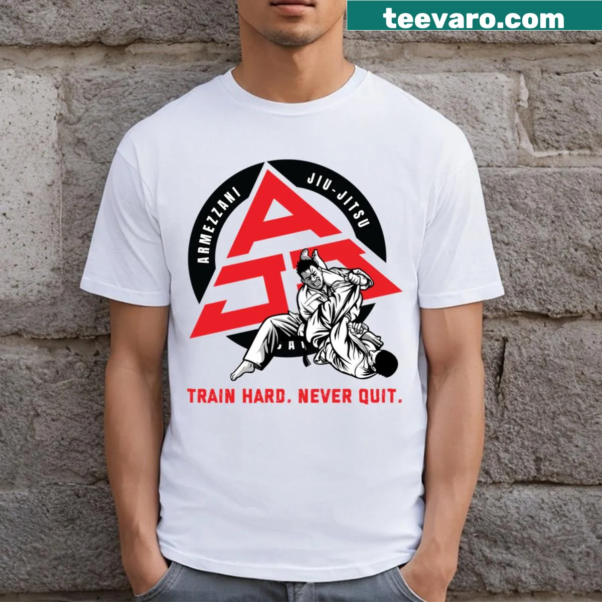 Inspirational T-shirt with 'Train Hard Never Quit' motivational phrase — on a men's t-shirt