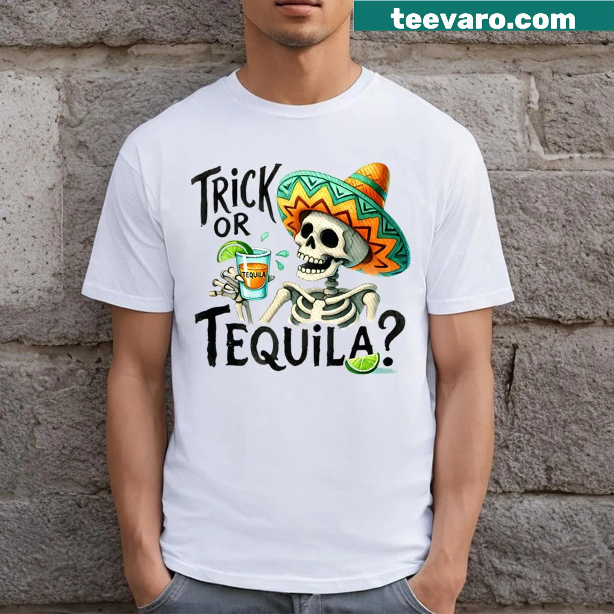 Cartoon skeleton Halloween T-shirt with 'Trick Or Tequila' print — on a men's t-shirt