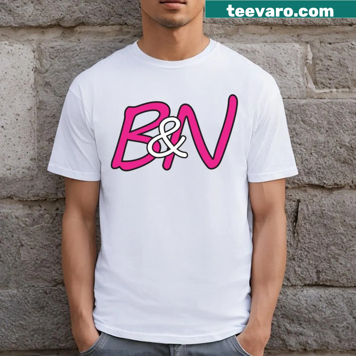 Minimalist t-shirt featuring letters B and N in a black border — on a men's t-shirt