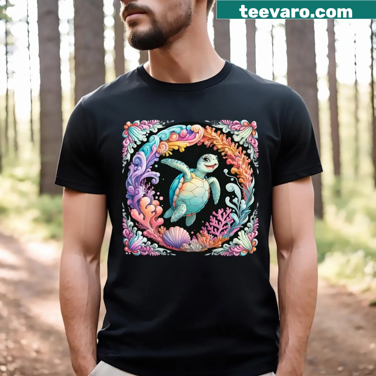 Watercolor sea turtle graphic on a nature-themed t-shirt — on a men's t-shirt