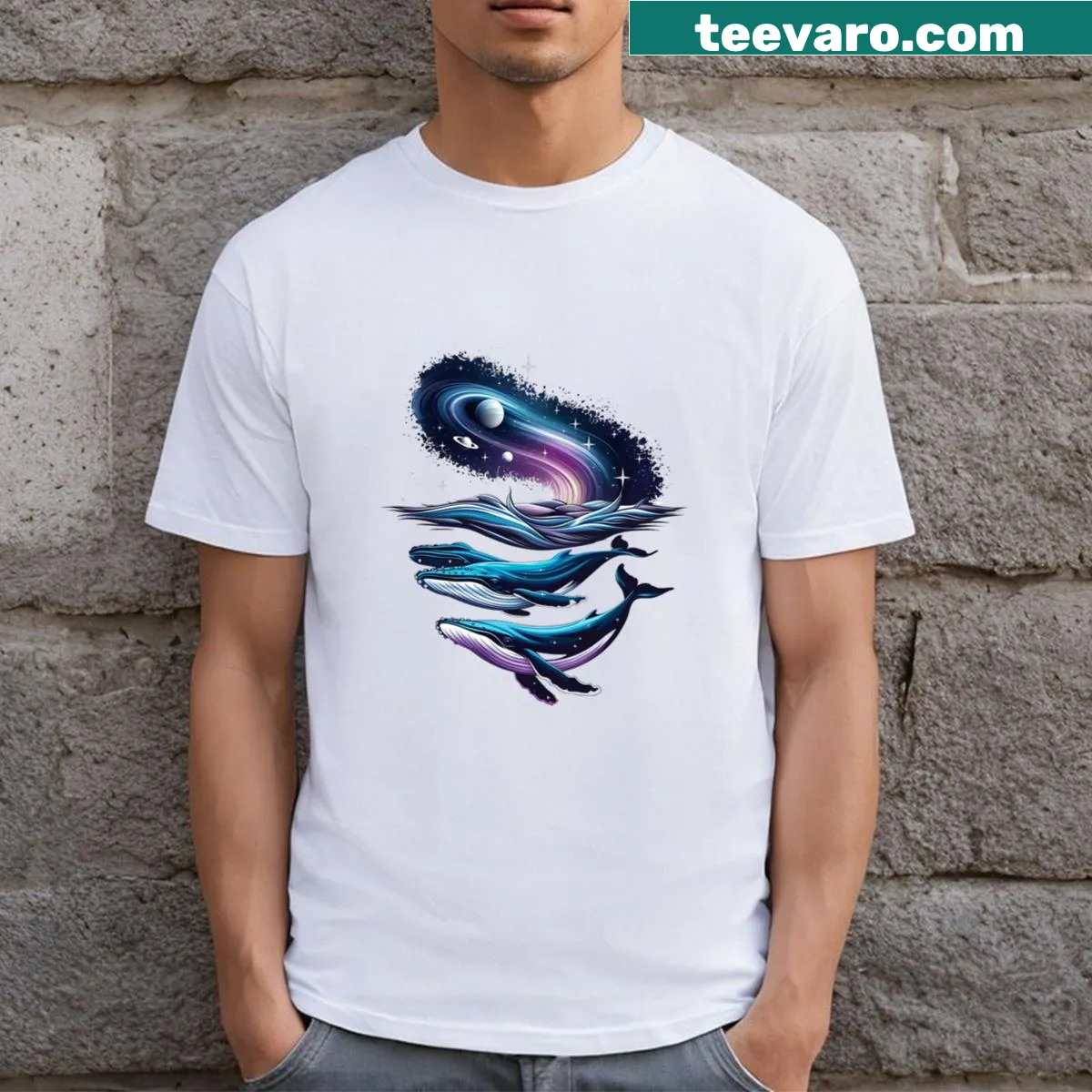 Illustration of whales swimming in a cosmic ocean on a t-shirt — on a men's t-shirt