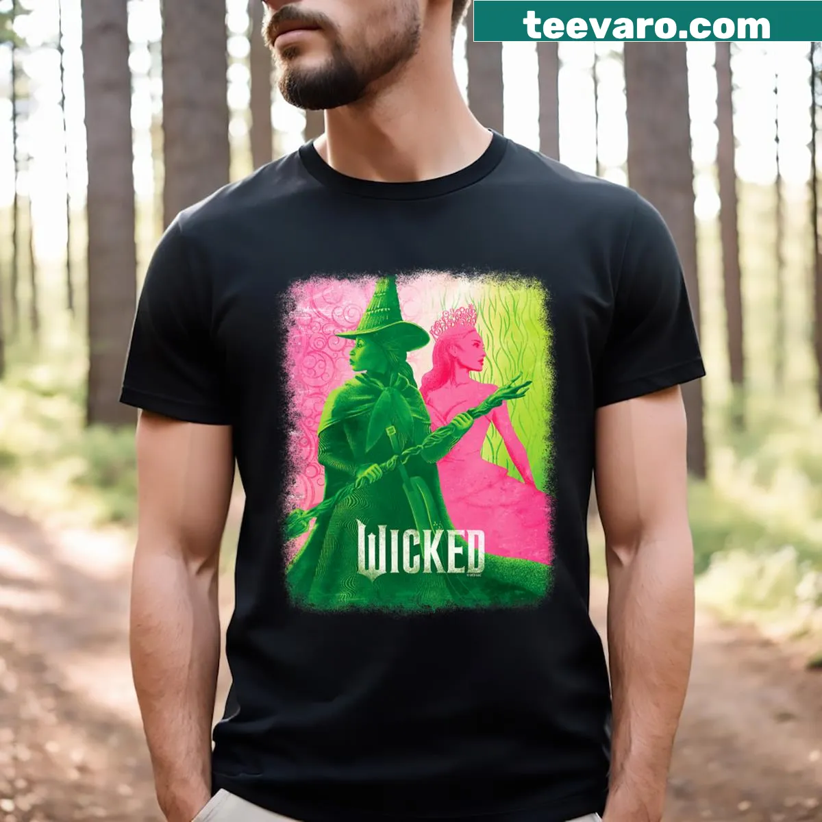 Illustrative t-shirt featuring Elphaba and Glinda from Wicked — on a men's t-shirt