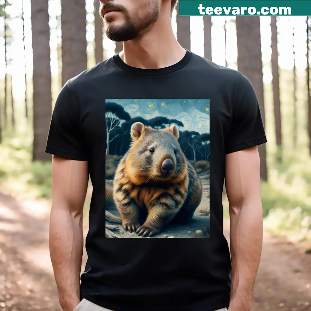 Wombat-themed T-shirt featuring a cute wombat illustration — on a men's t-shirt