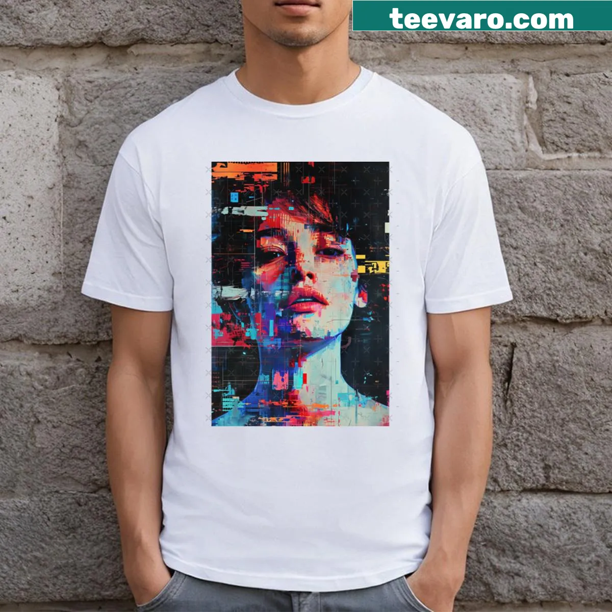 Abstract line-art T-shirt featuring portraits with digital distortion — on a men's t-shirt