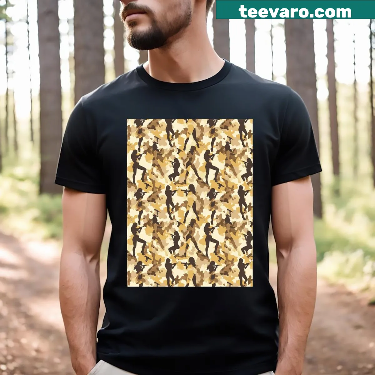 Illustration of women with guns on camouflage background — on a men's t-shirt
