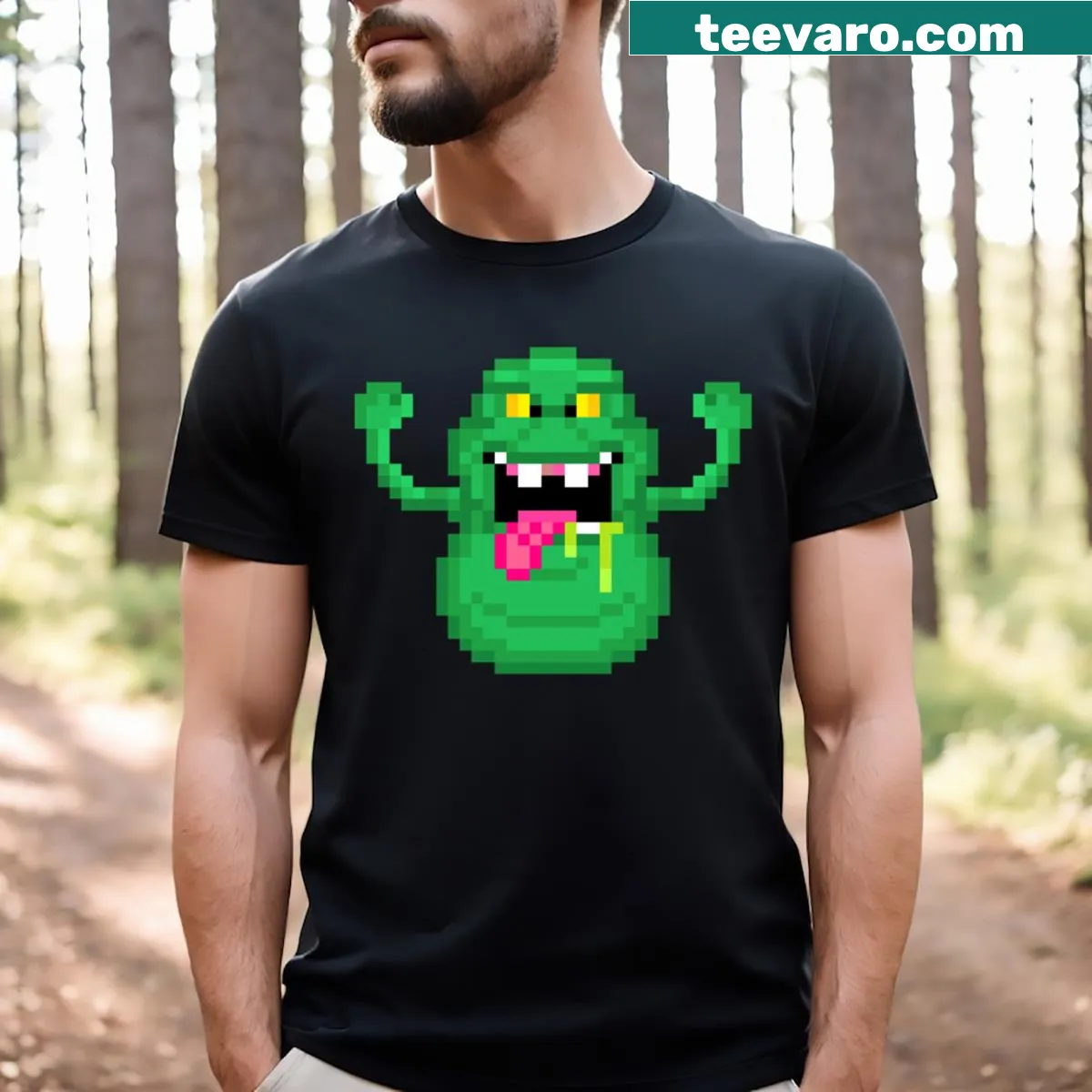 8-bit cartoon green ghoul T-shirt with a playful design — on a men's t-shirt