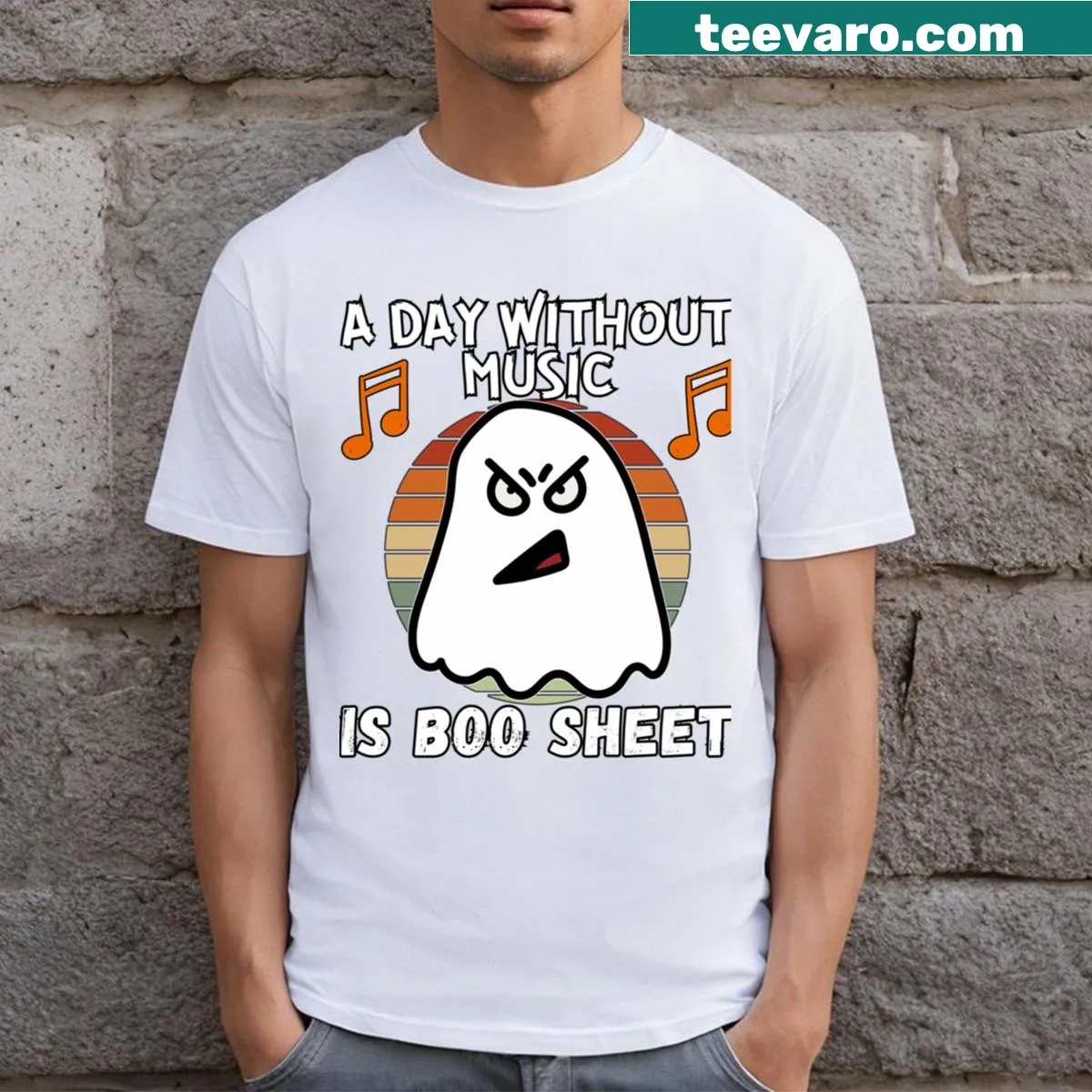 Humorous ghost graphic with text on Halloween t-shirt — on a men's t-shirt