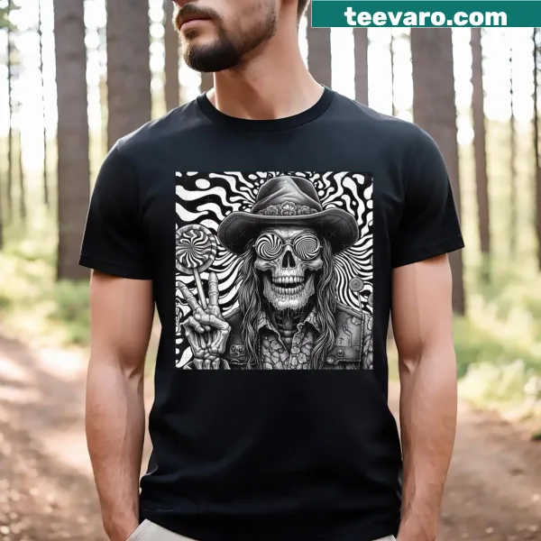 T-shirt featuring an illustrated hippie skeleton for Halloween